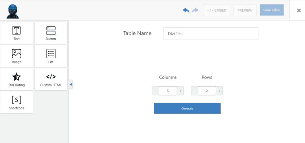WP Table Builder Interface