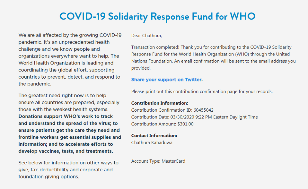 COVID-19 Solidarity Response Fund March Donation made by Divi Addons